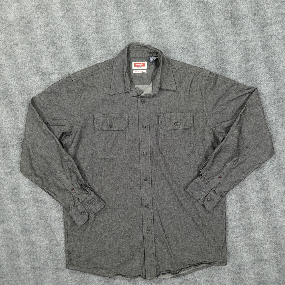 Wrangler Shirt Men Medium Gray Long Sleeve Flex Denim Chambray Button Workwear